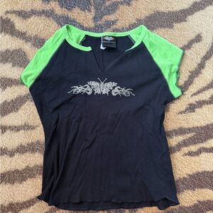 Green and Black Rhinestone Harley Davidson Baby Tee